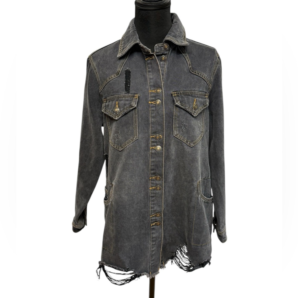 Veveret Small Black Distressed Button Up Denim Jacket Frayed Hem Edgy - Picture 9 of 13
